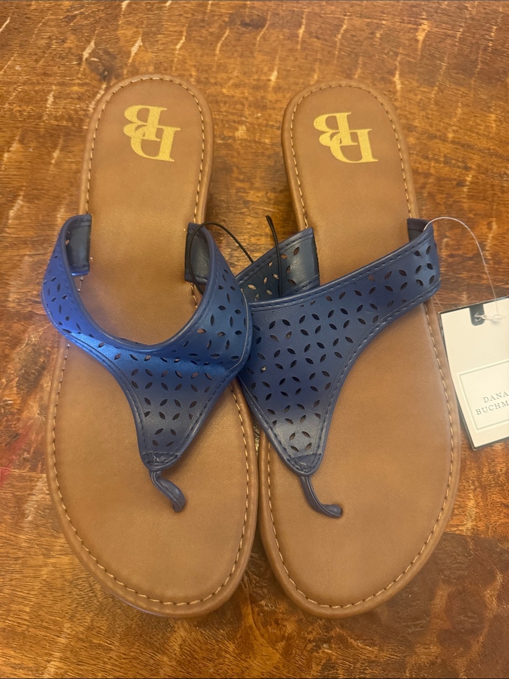 Dana Buchman Navy Perforated Thong Sandals with Tan Footbed